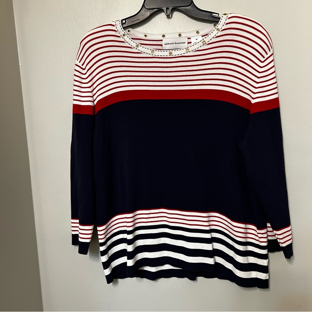 Alfred Dunner Red Navy & White Striped Top Blouse Sweater Women's Casual M